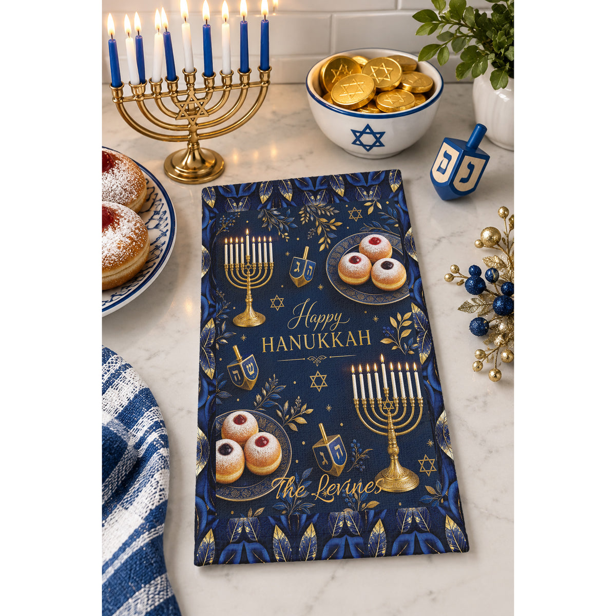Personalized Hanukkah Towel 11x18, Custom Family Name Menorah Dreidel Kitchen Hand Towel, Chanukah Hostess Gift, Jewish Holiday Decor