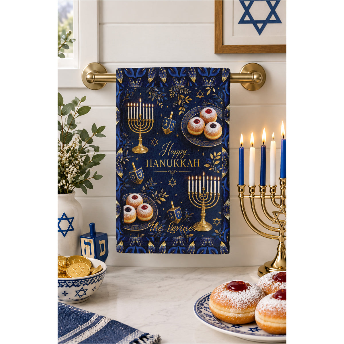 Personalized Hanukkah Towel 11x18, Custom Family Name Menorah Dreidel Kitchen Hand Towel, Chanukah Hostess Gift, Jewish Holiday Decor
