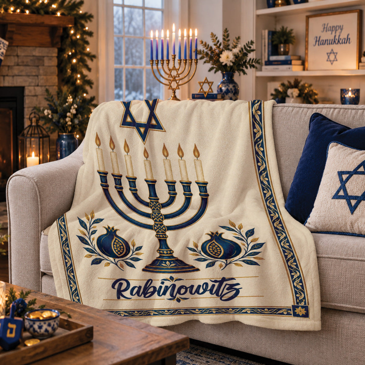 Custom Last Name Menorah Blanket — Personalized Hanukkah Throw