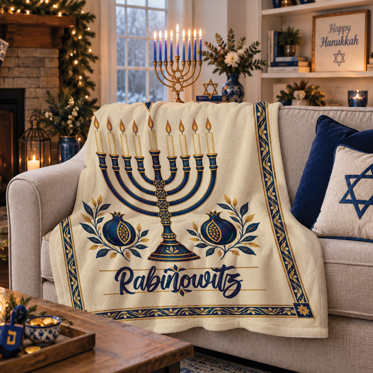 A cream-colored Hanukkah throw blanket draped over a beige sofa in a cozy living room. The blanket features a navy blue and gold menorah, pomegranate motifs, and the text 'Rabinowitz' in navy script.