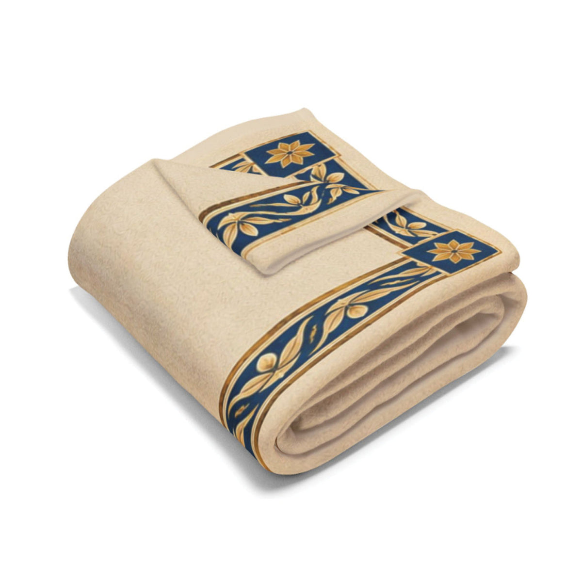 A folded beige blanket with a decorative border featuring navy blue and gold floral and leaf patterns, shown on a clean white background.