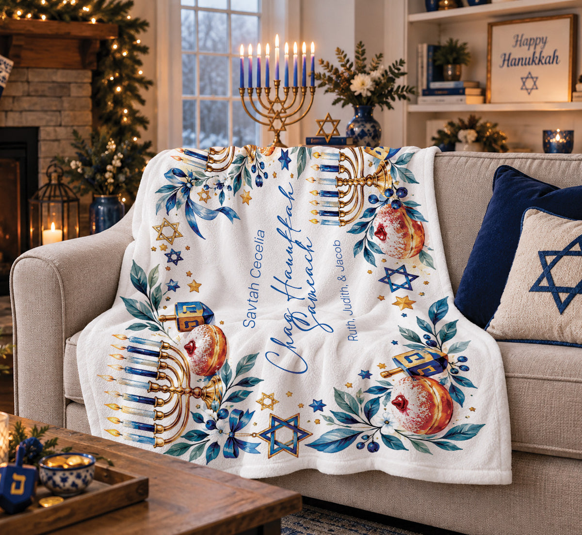 Personalized Hanukkah Blanket – Custom Name Menorah & Dreidel Throw