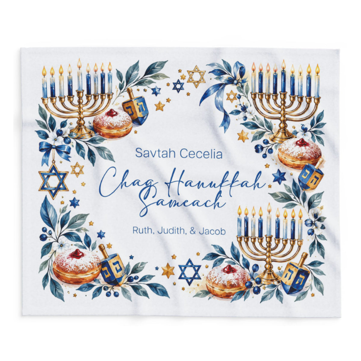 Personalized Hanukkah Blanket – Custom Name Menorah & Dreidel Throw
