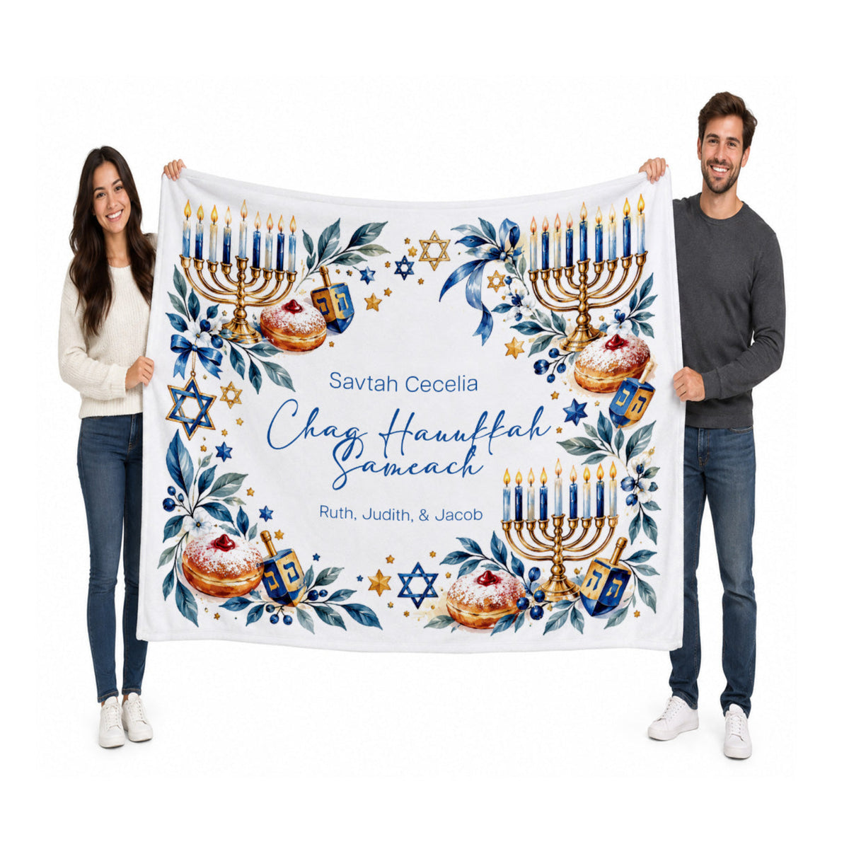 Personalized Hanukkah Blanket – Custom Name Menorah & Dreidel Throw