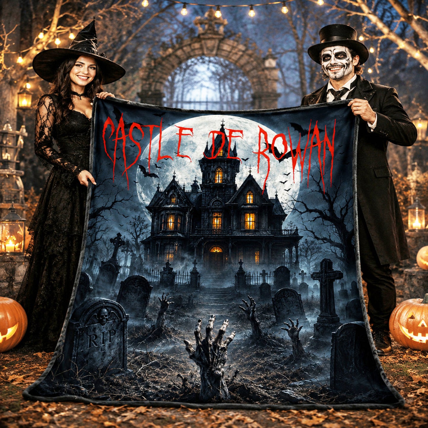 Personalized Haunted House Halloween Blanket | Cemetery Throw