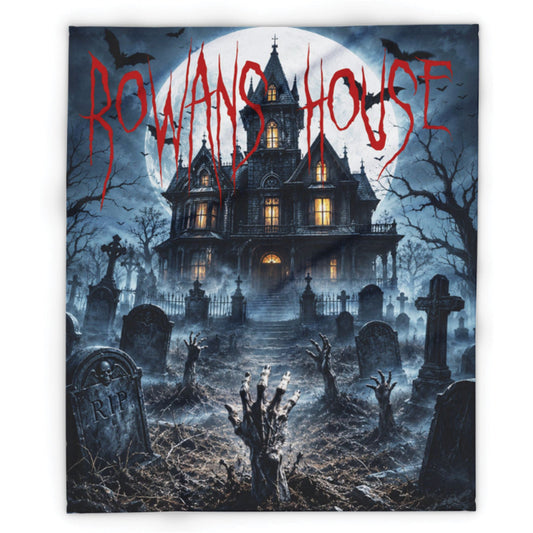 A square wall tapestry featuring a gothic horror illustration of 'Rowan's House' with dripping red text, set against a plain white background.