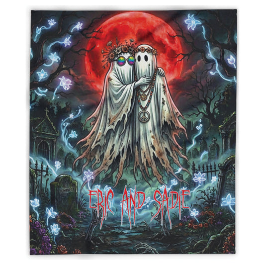 A square art print or poster featuring a gothic illustration of two ghosts embracing in a graveyard under a large red full moon. The ghosts are draped in tattered white cloaks, with one wearing rainbow-tinted sunglasses and the other a peace sign necklace.