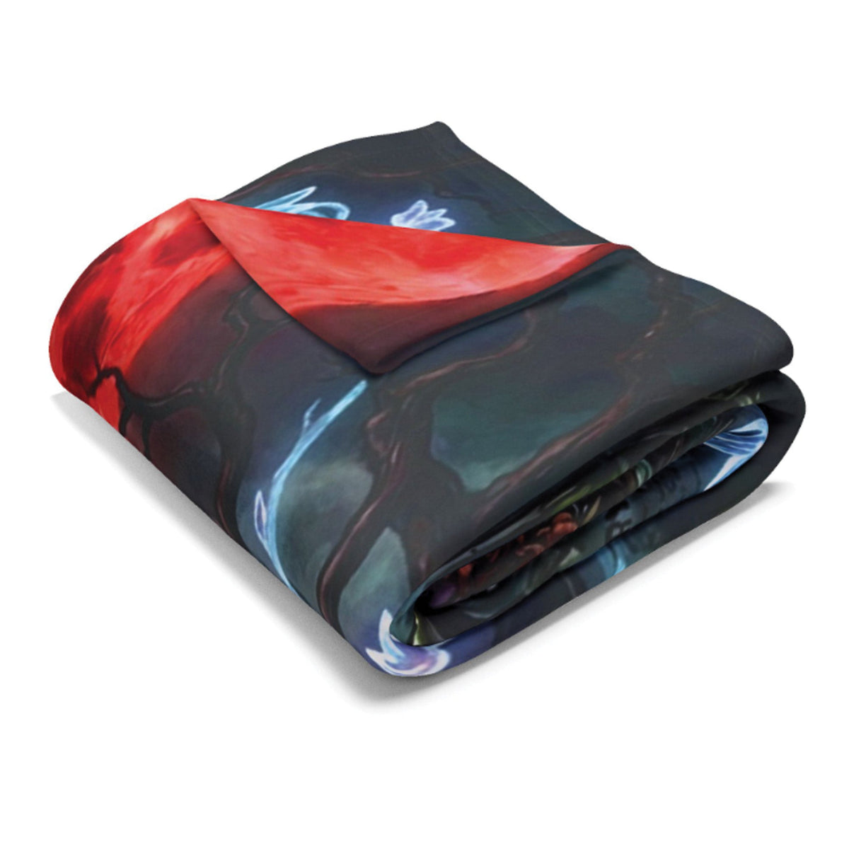 A folded blanket featuring a marbled abstract pattern in black, red, and blue, with a solid red reverse side, shown on a white background.