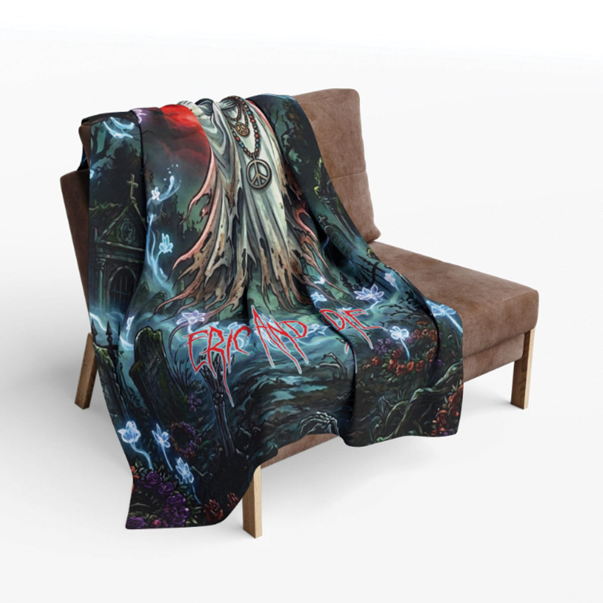 A dark fantasy band poster print draped over a brown armchair, featuring the band name 'Carnal and Drunk' in red stylized text over a dark, mystical scene with a hooded figure and glowing elements.
