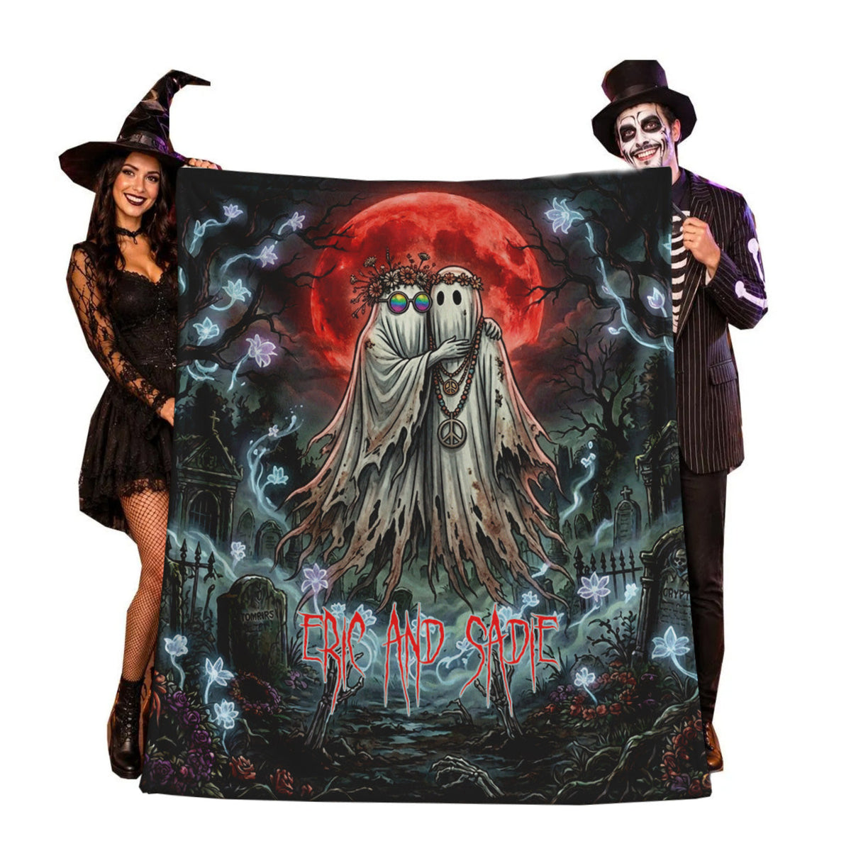A Halloween-themed fleece blanket featuring a gothic illustration of a ghostly couple under a red full moon, held up by two models dressed in spooky costumes against a white background.