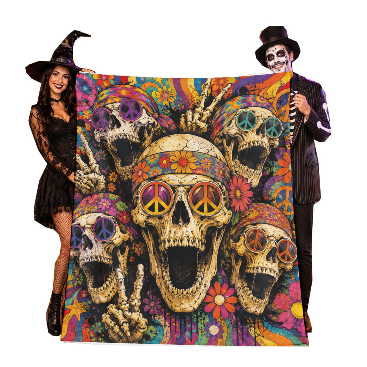 Personalized Psychedelic Hippie Skull Halloween Blanket