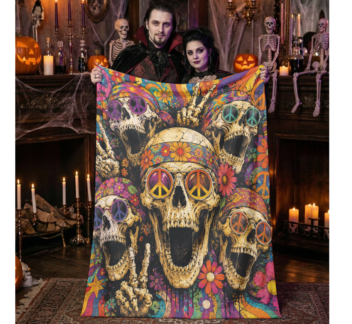 Personalized Psychedelic Hippie Skull Halloween Blanket