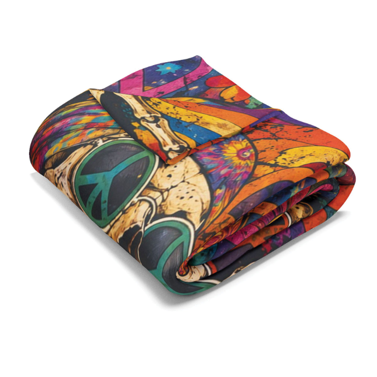 A folded blanket featuring a vibrant, psychedelic graphic print with a dachshund, peace sign, and colorful abstract patterns, shown on a clean white background.