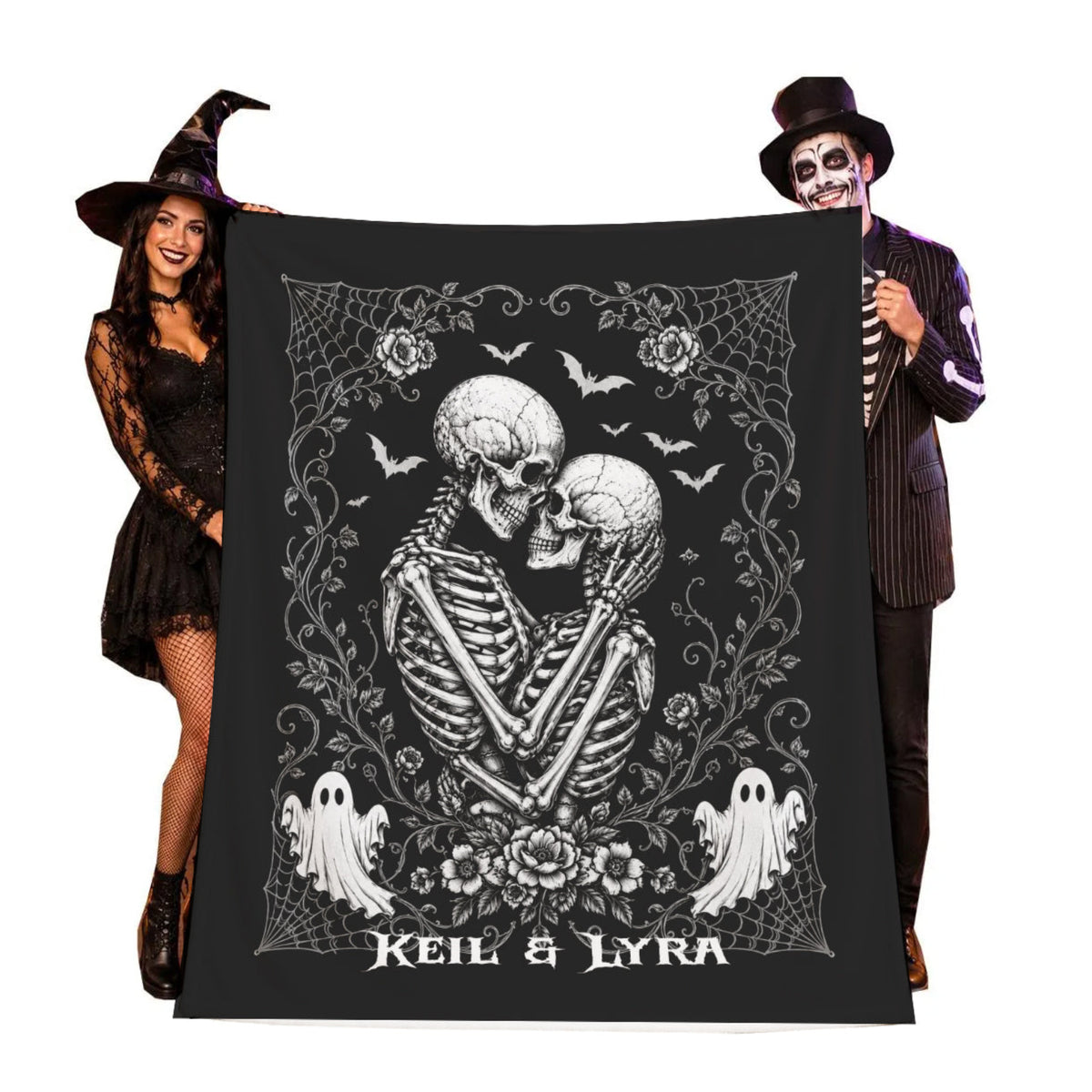 Personalized Gothic Skeleton Couple Blanket | Embrace Halloween Throw
