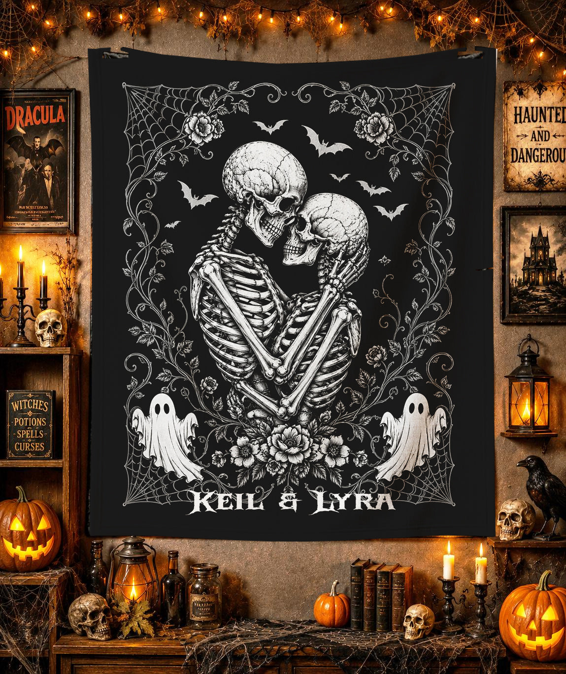 Personalized Gothic Skeleton Couple Blanket | Embrace Halloween Throw