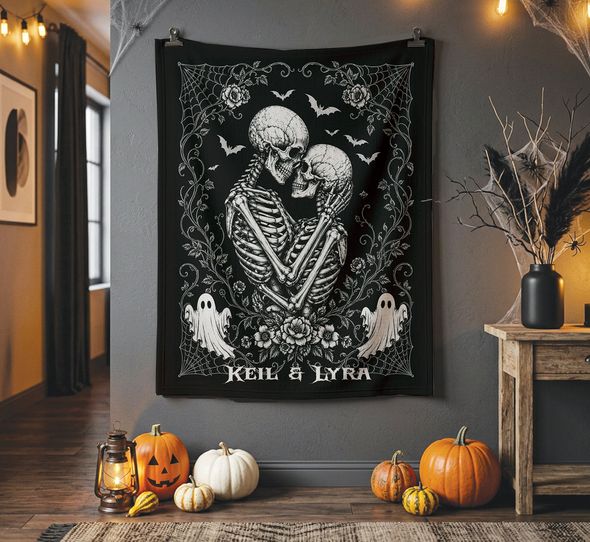 Personalized Gothic Skeleton Couple Blanket | Embrace Halloween Throw