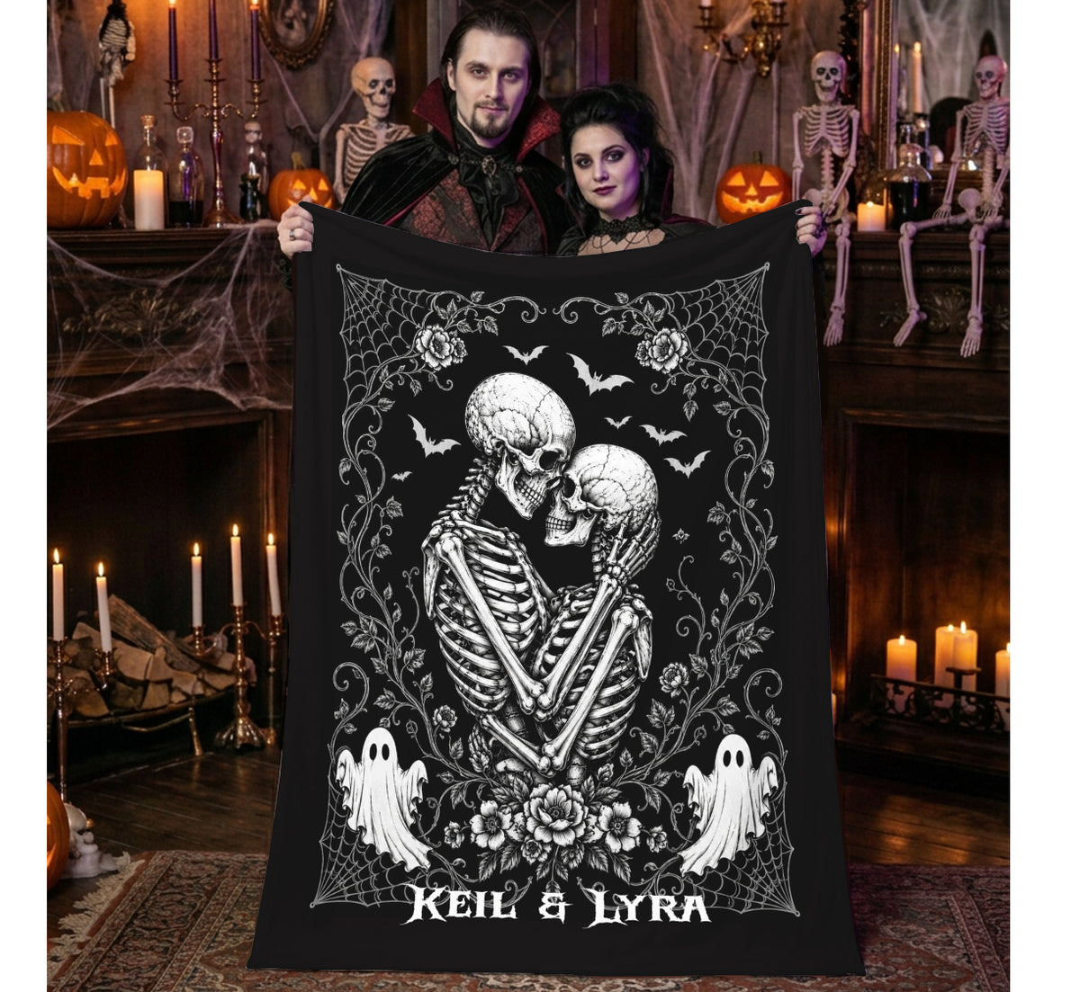Personalized Gothic Skeleton Couple Blanket | Embrace Halloween Throw
