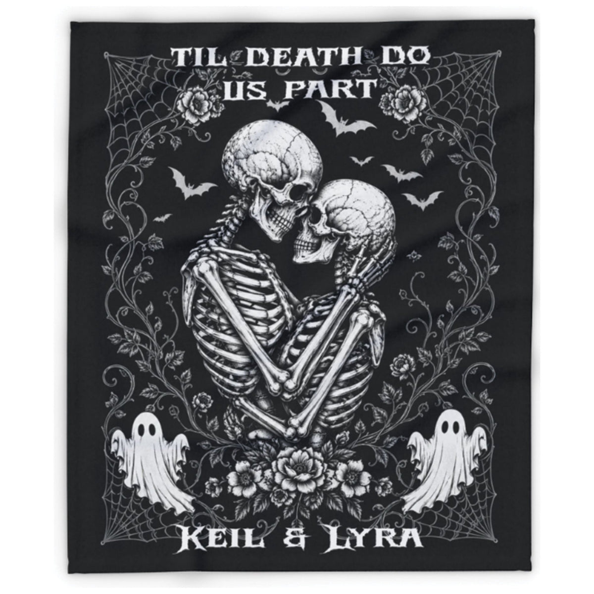 A black rectangular fabric item, likely a band t-shirt or poster print, featuring a white gothic graphic of two skeletons embracing, surrounded by cobwebs, roses, bats, ghosts, and the text 'TIL DEATH DO US PART' and 'KEIL & LYRA'.