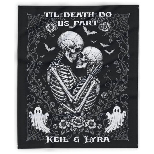 A black rectangular fabric item, likely a band t-shirt or poster print, featuring a white gothic graphic of two skeletons embracing, surrounded by cobwebs, roses, bats, ghosts, and the text 'TIL DEATH DO US PART' and 'KEIL & LYRA'.