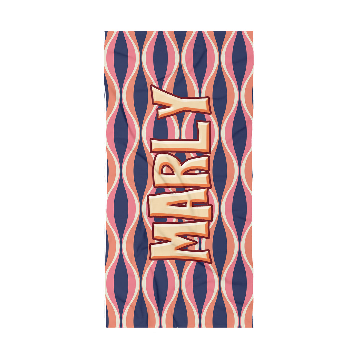 A rectangular beach towel featuring a retro wavy pattern in navy blue, pink, and peach, with the name 'MARLY' printed vertically in large beige block letters with a red outline.