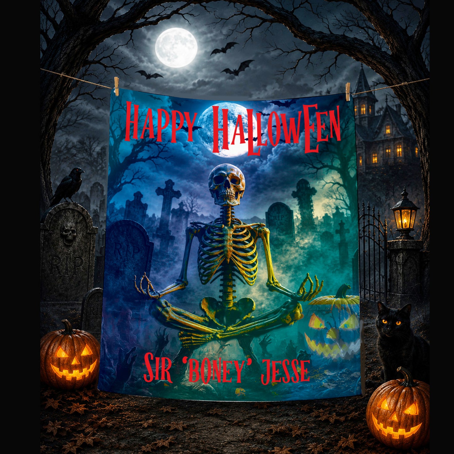 Personalized Meditating Skeleton Blanket | Bone Man in Graveyard