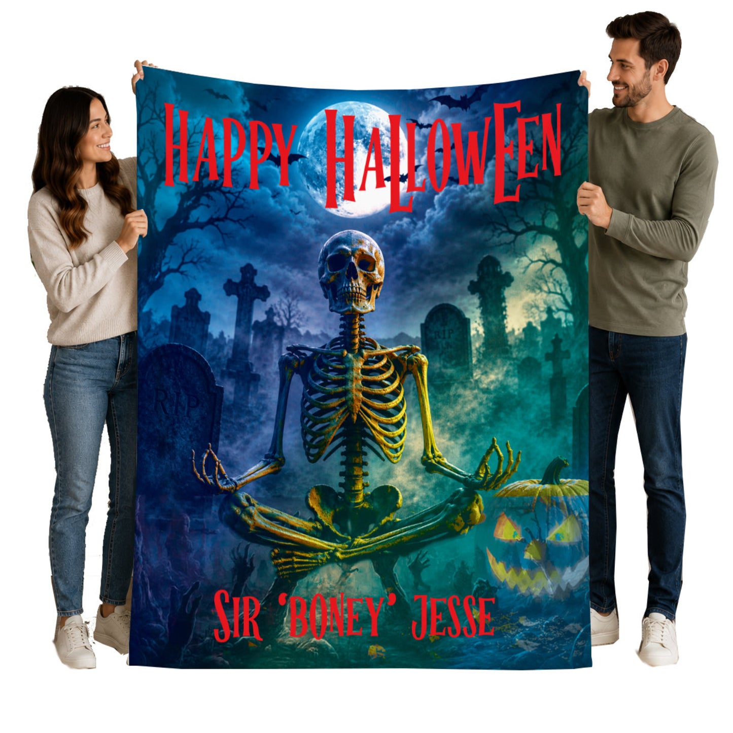 Personalized Meditating Skeleton Blanket | Bone Man in Graveyard
