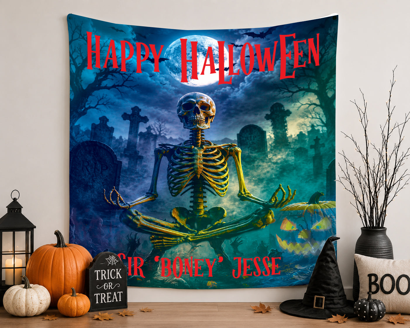 Personalized Meditating Skeleton Blanket | Bone Man in Graveyard