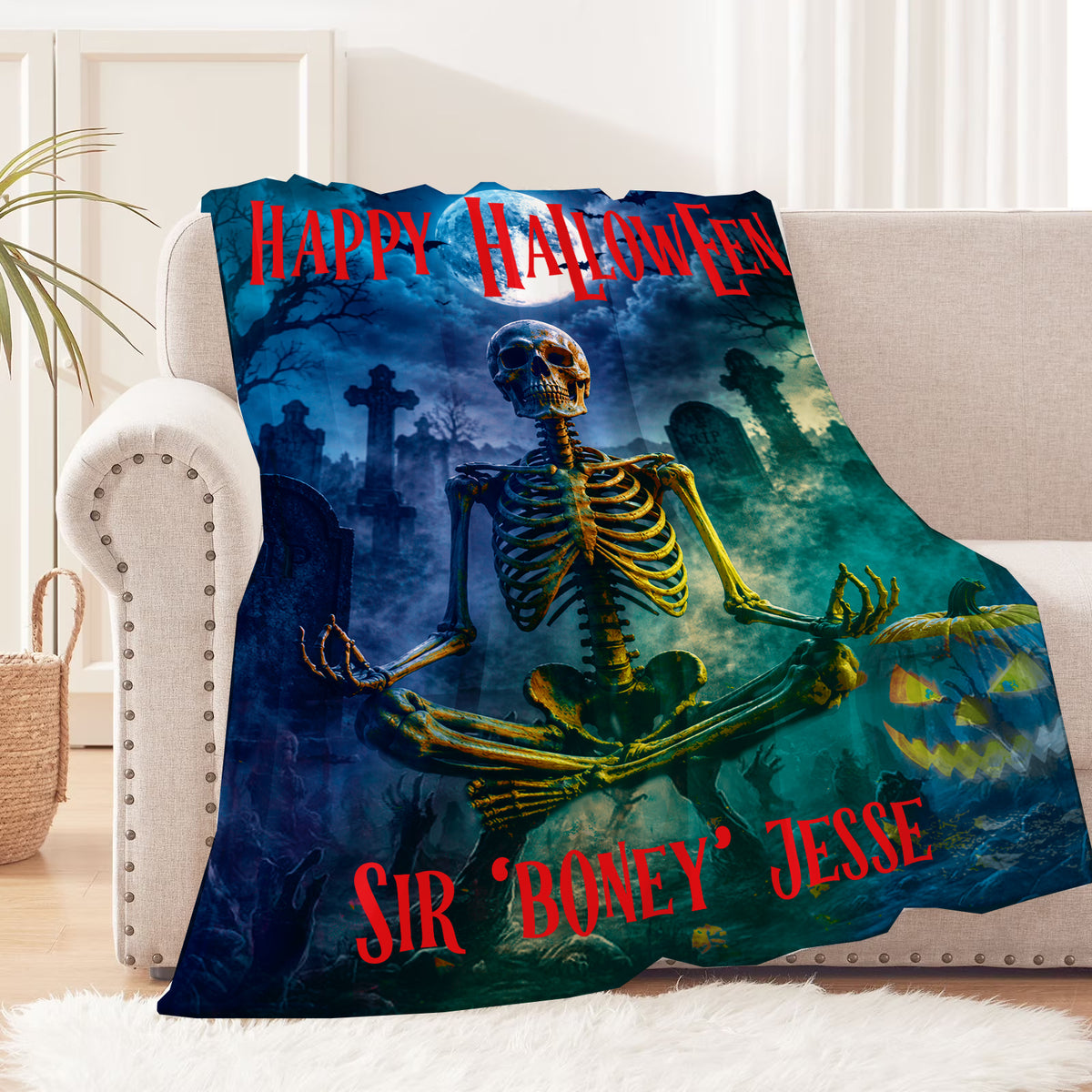 Personalized Meditating Skeleton Blanket | Bone Man in Graveyard