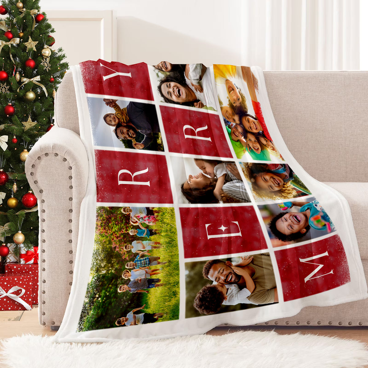 Personalized Merry Christmas Photo Collage Blanket – Custom Family Photo Throw