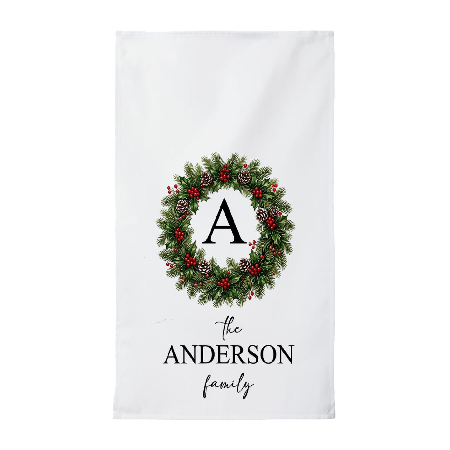 Personalized Monogrammed Christmas Wreath Tea Towel | Family Name