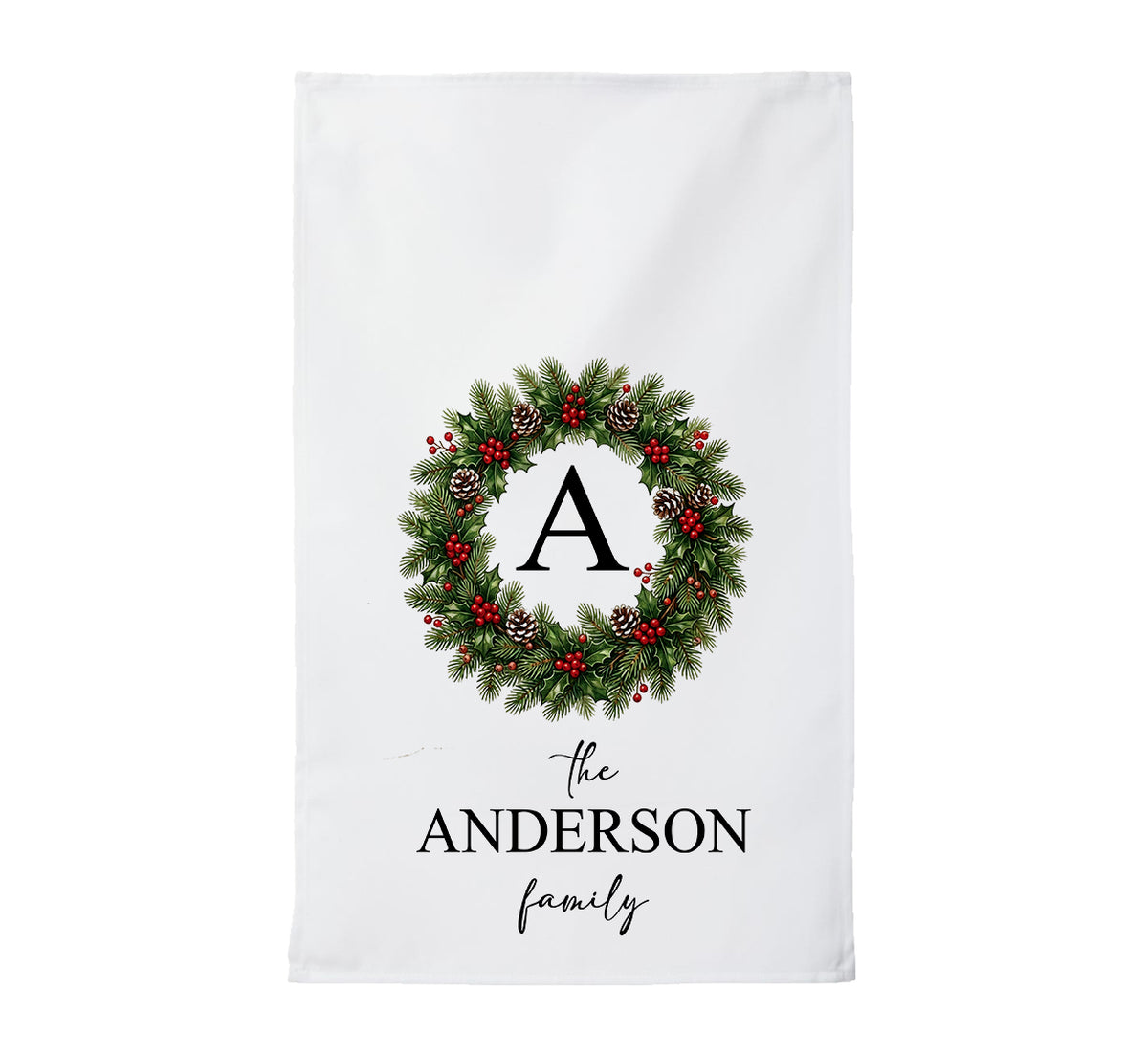 Personalized Monogrammed Christmas Wreath Tea Towel | Custom Family Name Kitchen Towel