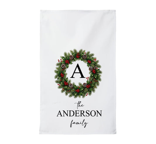 Personalized Monogrammed Christmas Wreath Tea Towel | Custom Family Name Kitchen Towel