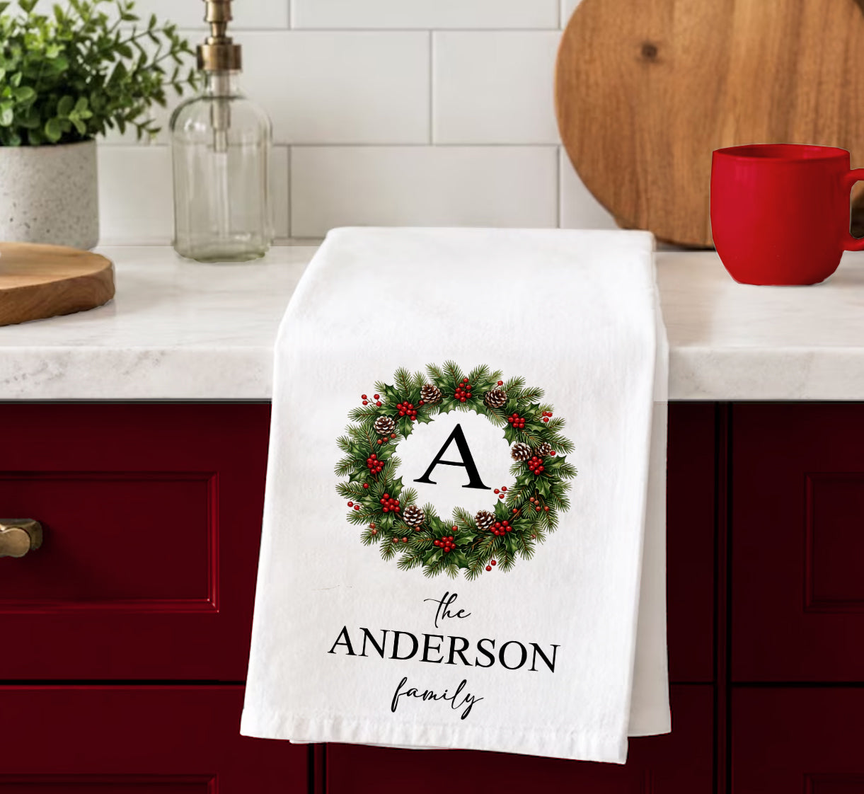 Personalized Monogrammed Christmas Wreath Tea Towel | Family Name
