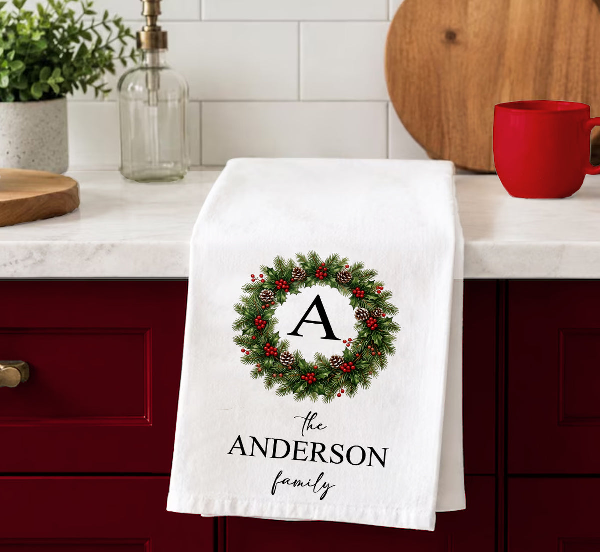 Personalized Monogrammed Christmas Wreath Tea Towel | Custom Family Name Kitchen Towel