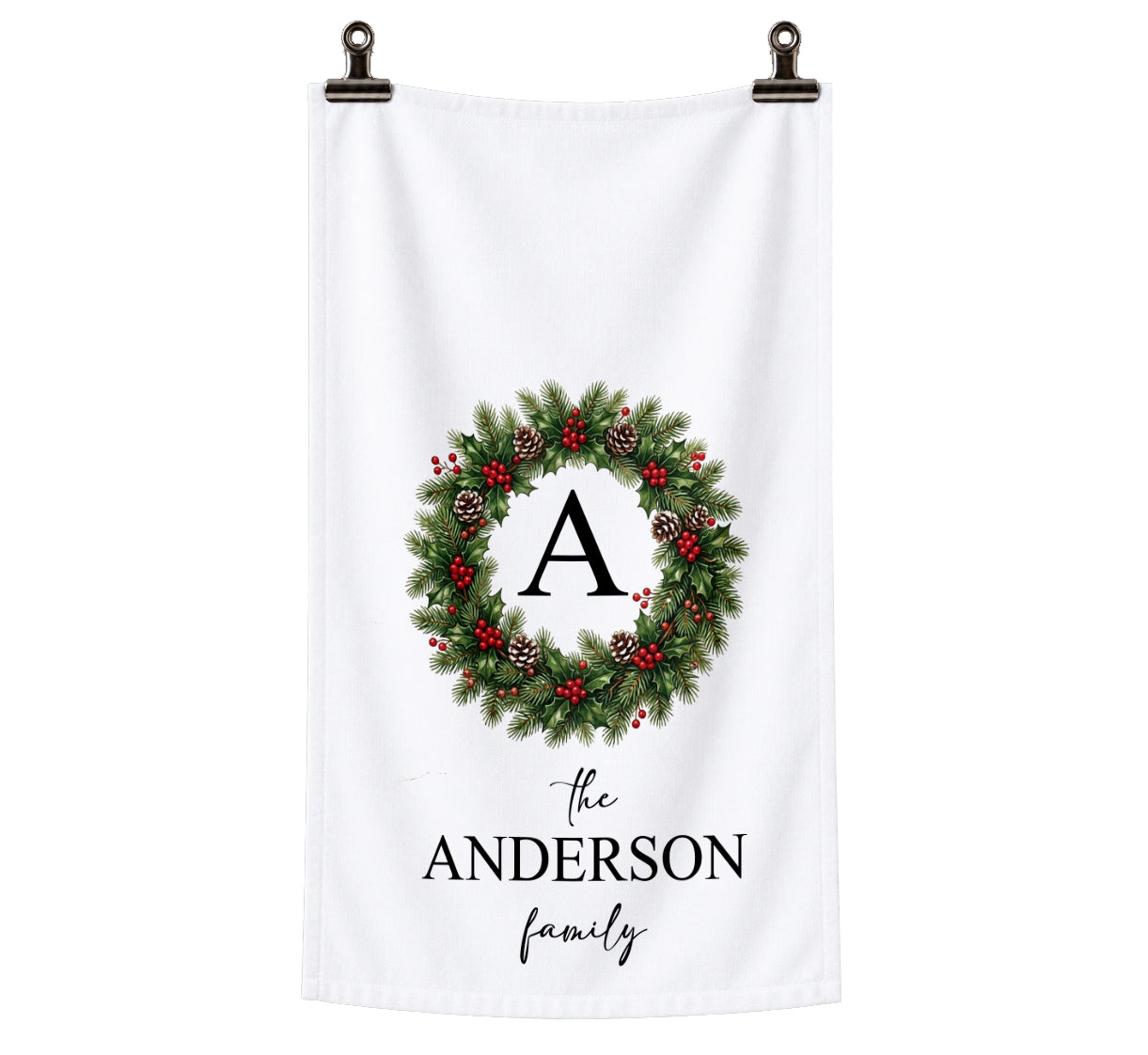 Personalized Monogrammed Christmas Wreath Tea Towel | Family Name