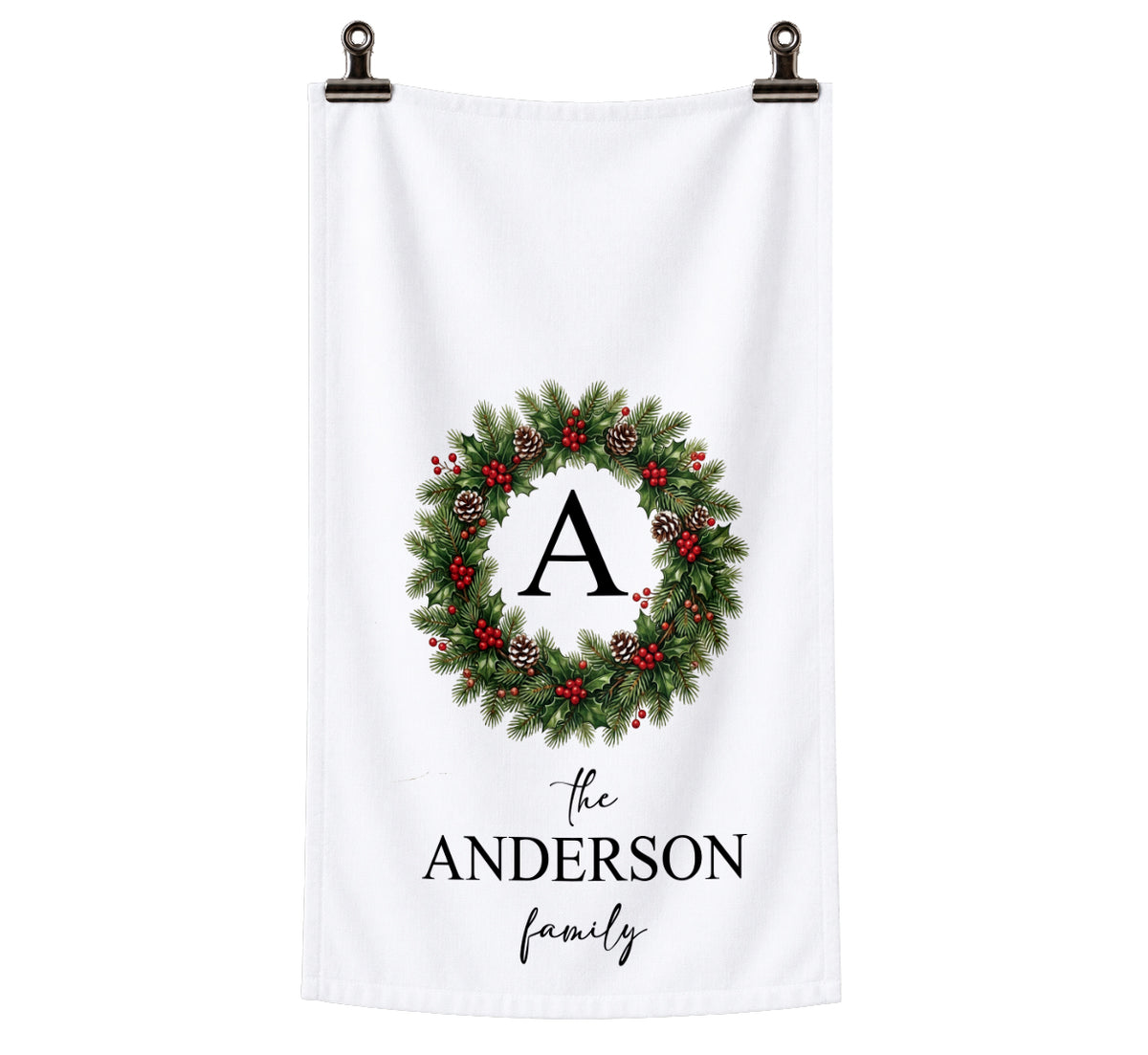 Personalized Monogrammed Christmas Wreath Tea Towel | Custom Family Name Kitchen Towel