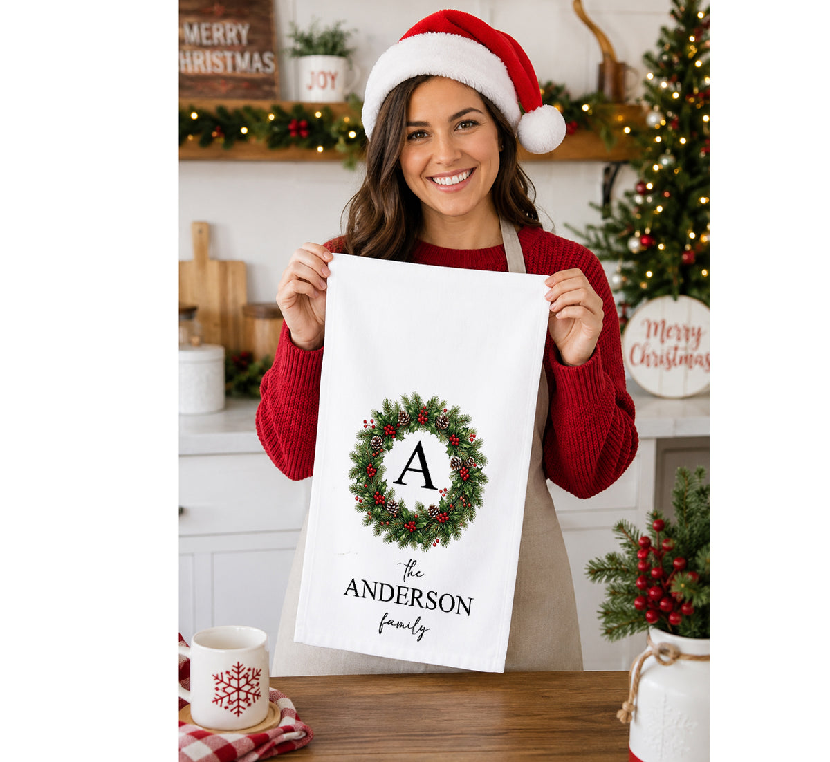 Personalized Monogrammed Christmas Wreath Tea Towel | Custom Family Name Kitchen Towel