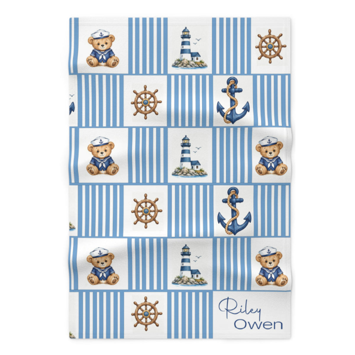 Nautical Sailor Bear Personalized Baby Blanket | Custom Name Anchor & Lighthouse Blanket for Baby Boy