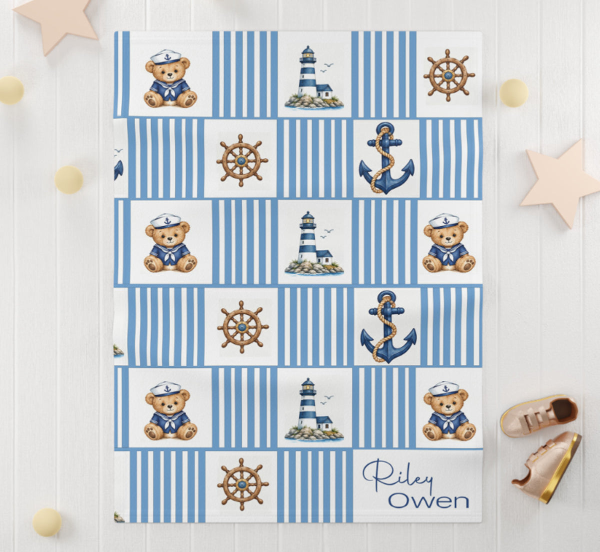 Nautical Sailor Bear Personalized Baby Blanket | Custom Name Anchor & Lighthouse Blanket for Baby Boy