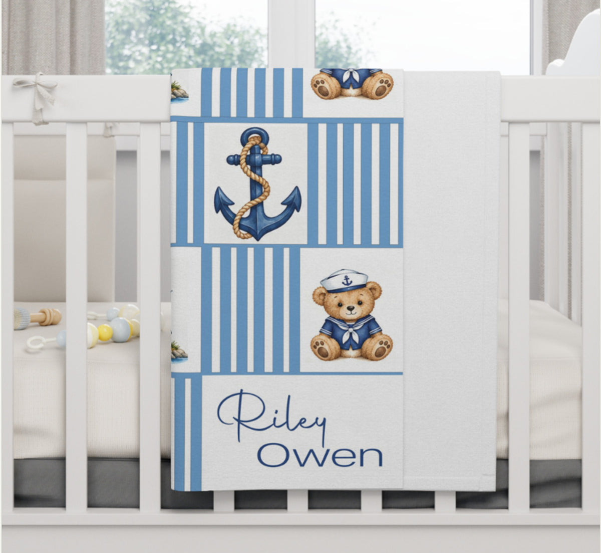 Nautical Sailor Bear Personalized Baby Blanket | Custom Name Anchor & Lighthouse Blanket for Baby Boy