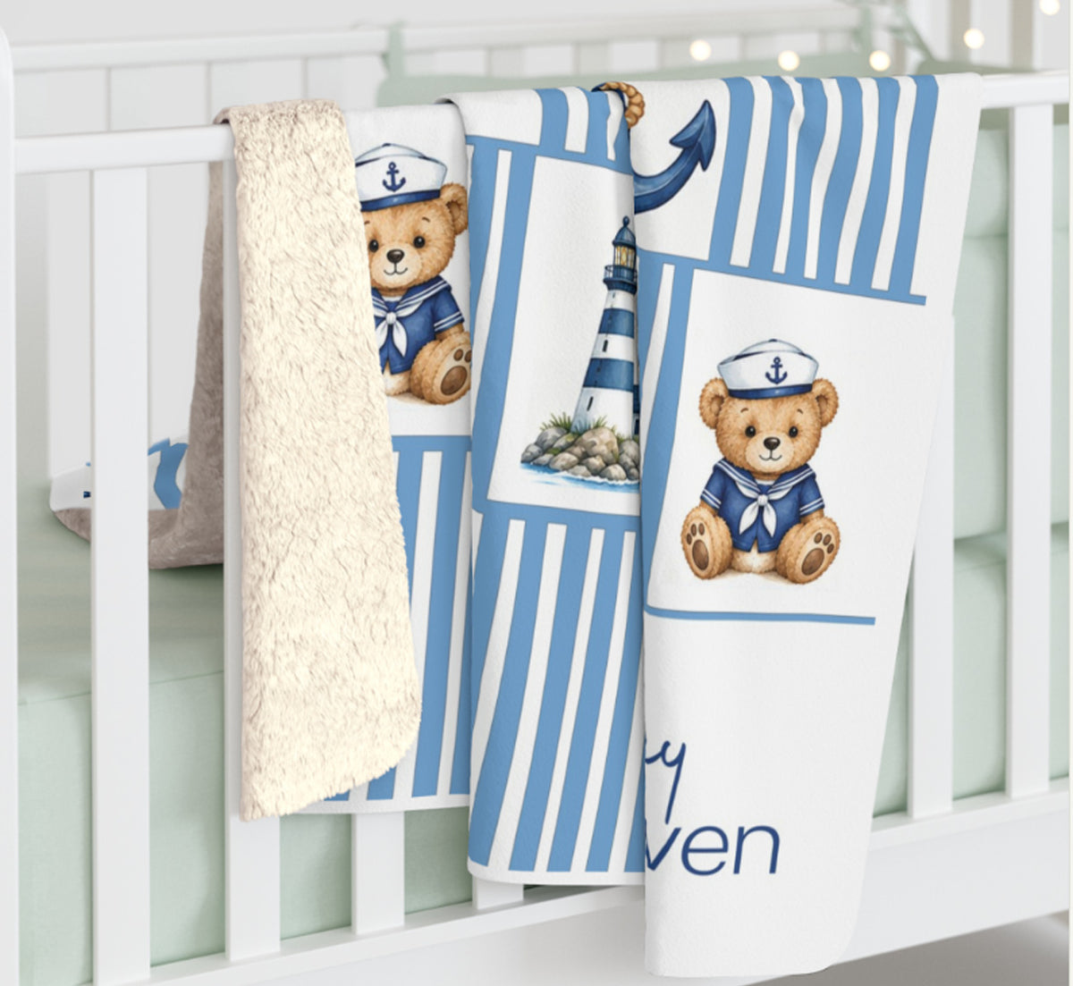 Nautical Sailor Bear Personalized Baby Blanket | Custom Name Anchor & Lighthouse Blanket for Baby Boy