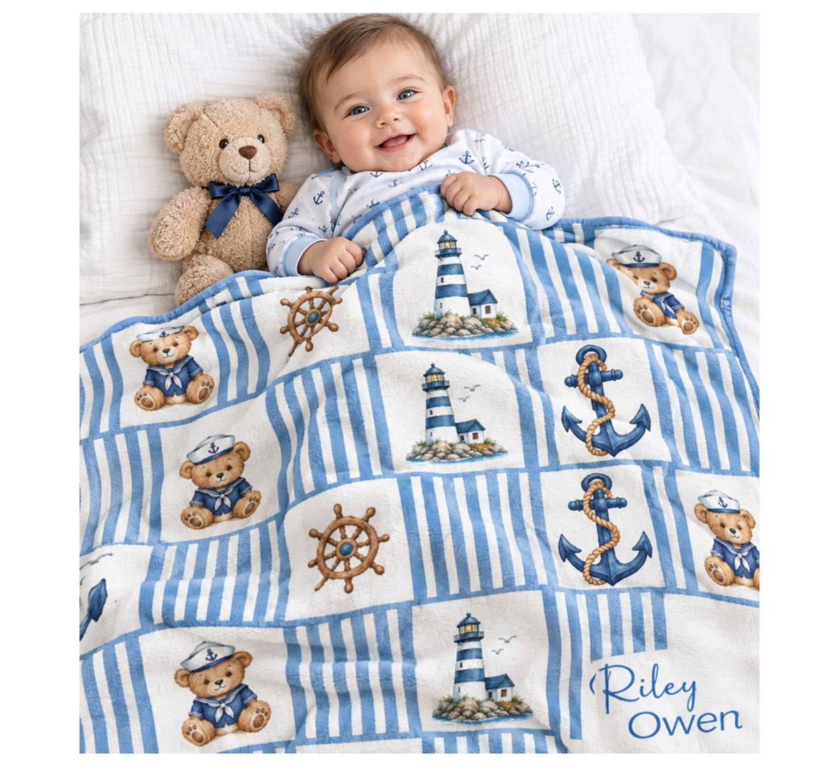 Nautical Sailor Bear Personalized Baby Blanket | Custom Name Anchor & Lighthouse Blanket for Baby Boy