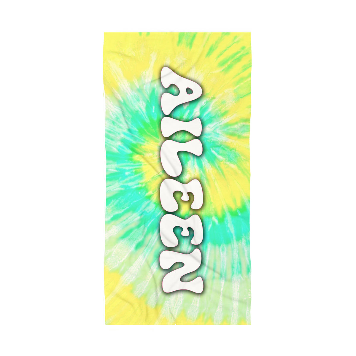 A rectangular tie-dye beach towel featuring a yellow, green, and turquoise spiral pattern with the name 'ALBEEEN' printed vertically in large white bubble letters with a black outline.