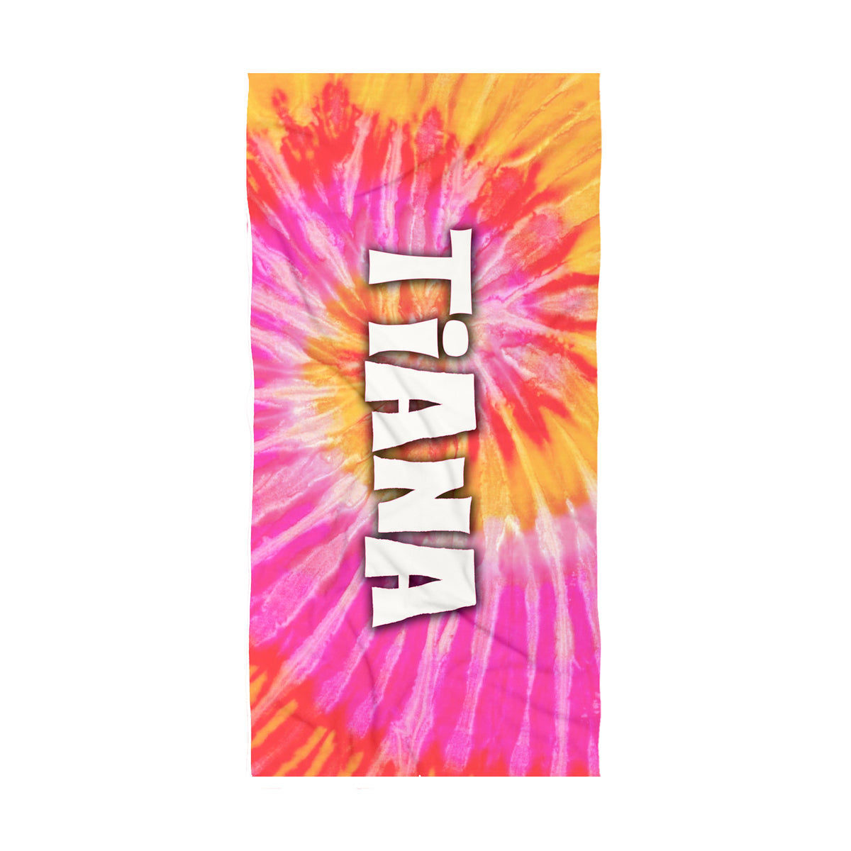 A vertical rectangular beach towel featuring a vibrant tie-dye spiral pattern in pink, orange, and yellow, with the name 'TIAMA' printed vertically in bold white letters with a black outline.