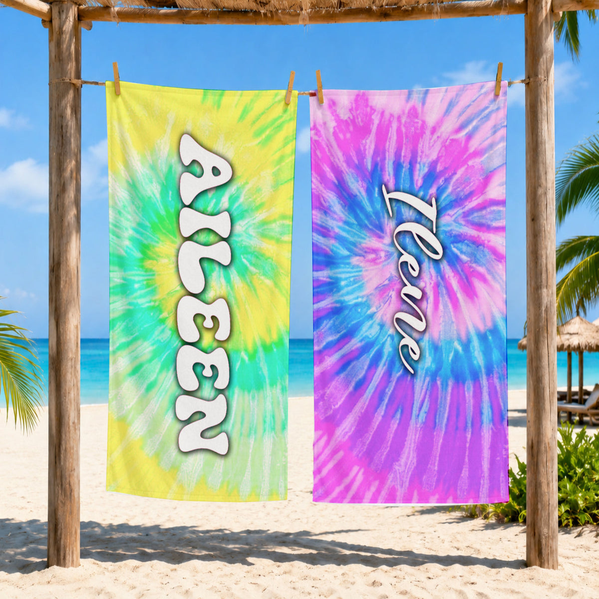Personalized Pastel Tie Dye Beach Towel | Custom Name Light Watercolor Design
