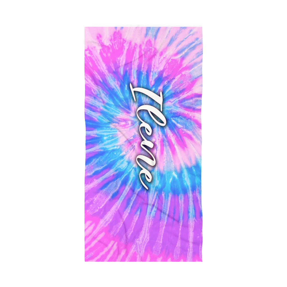 A rectangular beach towel featuring a vibrant pink, purple, and blue tie-dye spiral pattern with the name 'Lene' printed vertically in white script with a black outline.
