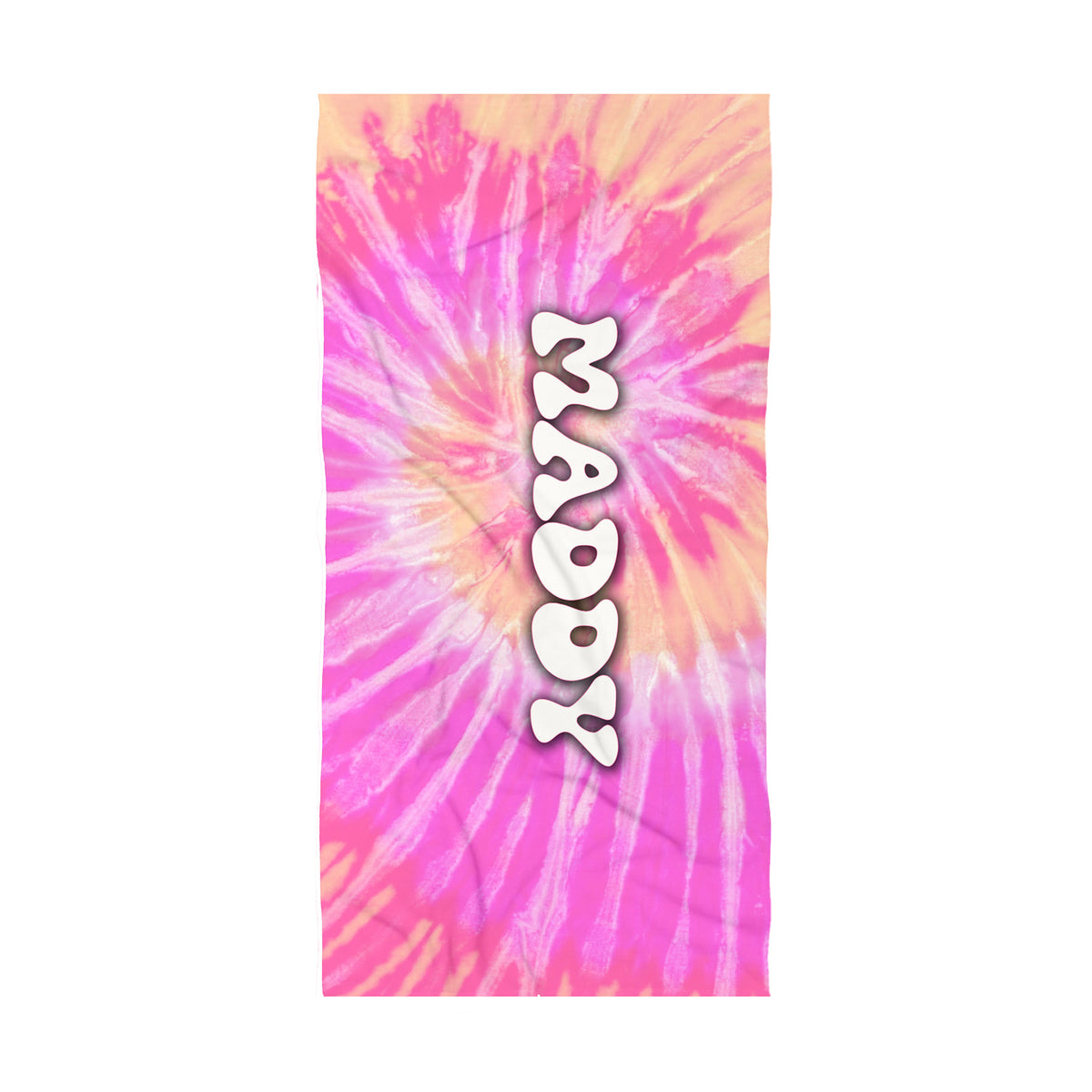 Beach towel with pale orange and pale pink tye die design with name maddy in a bubbly retro font in water