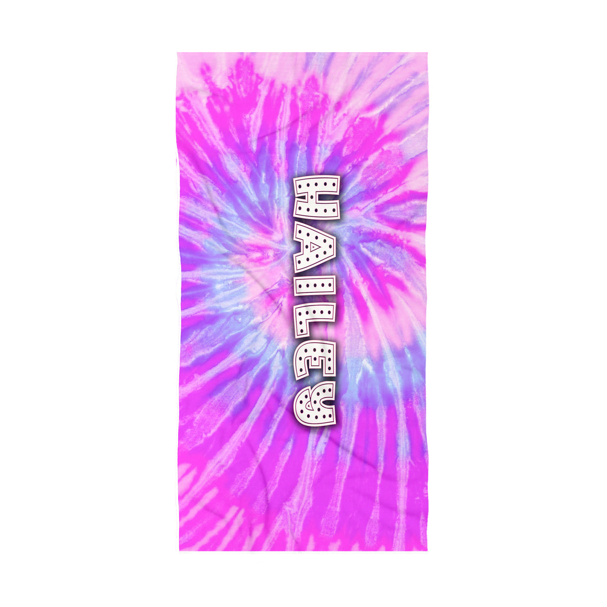 A rectangular beach towel featuring a vibrant pink and purple tie-dye spiral pattern, with the word 'HAILERS' printed vertically in white block letters with black outlines.