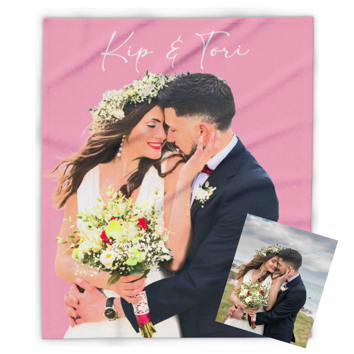 A custom wedding photo canvas print featuring a couple embracing, with the names 'Kip & Tori' written in white script at the top. A smaller inset photo of the couple is shown in the bottom right corner.