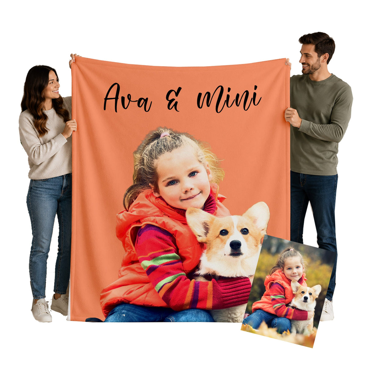 A couple holds up a large personalized blanket featuring a printed photo of a young girl hugging a corgi, with the text 'Ava & mini' at the top. A smaller inset photo of the same couple and dog appears in the lower right corner against a white background.